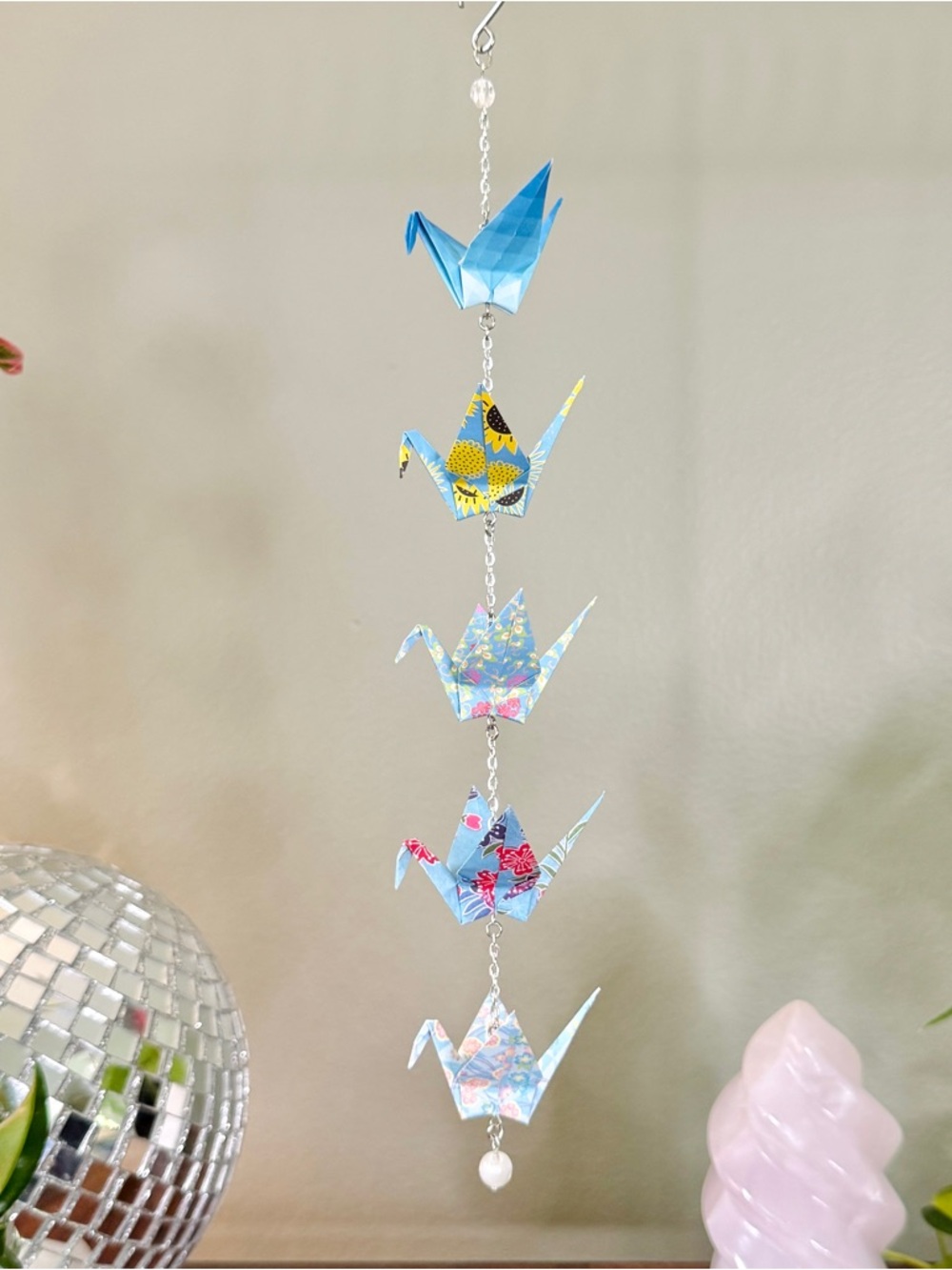 Origami Ornament #2510 - 5 Small Cranes in Light Blue